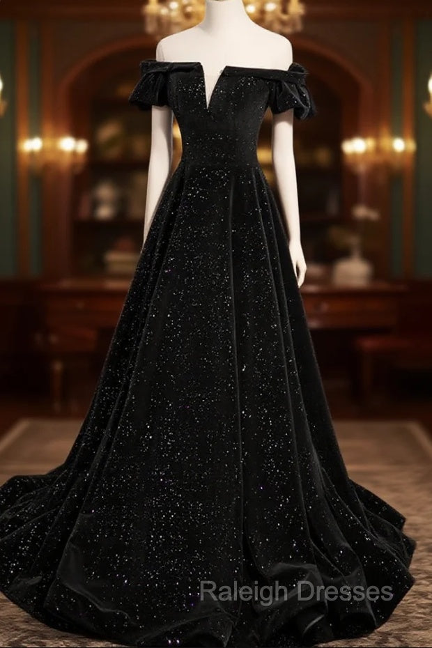 A-Line Off Shoulder Velvet Black Long Prom Dresses, Black Formal Evening Dress
