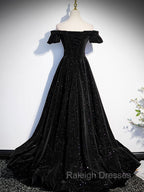 A-Line Off Shoulder Velvet Black Long Prom Dresses, Black Formal Evening Dress