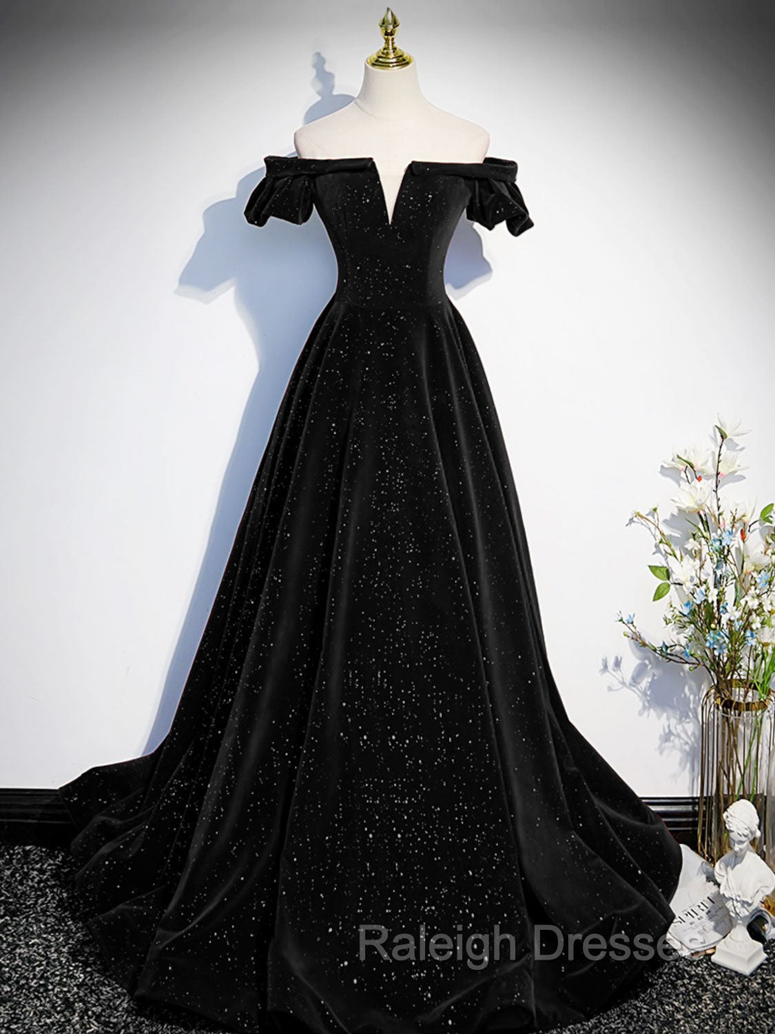 A-Line Off Shoulder Velvet Black Long Prom Dresses, Black Formal Evening Dress Main image