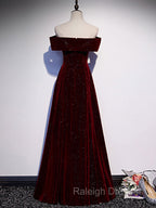 A-Line Off Shoulder Velvet Burgundy Long Prom Dress, Burgundy Long Formal Dress