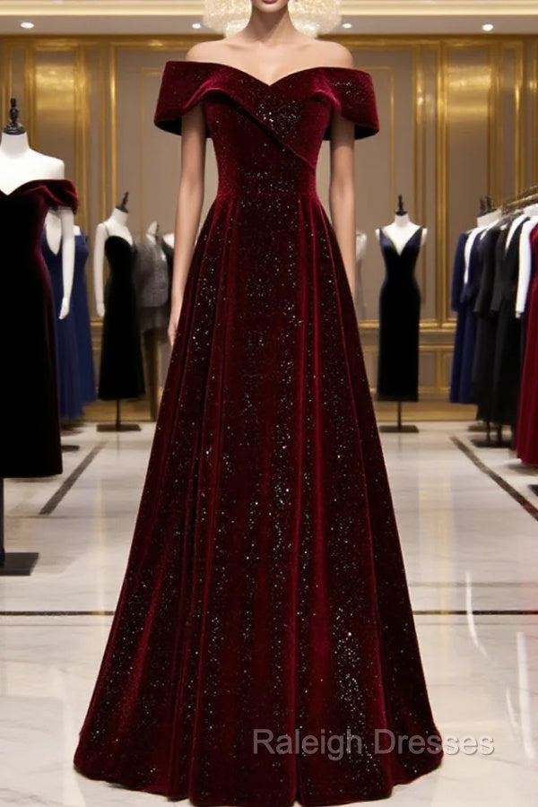 A-Line Off Shoulder Velvet Burgundy Long Prom Dress, Burgundy Long Formal Dress