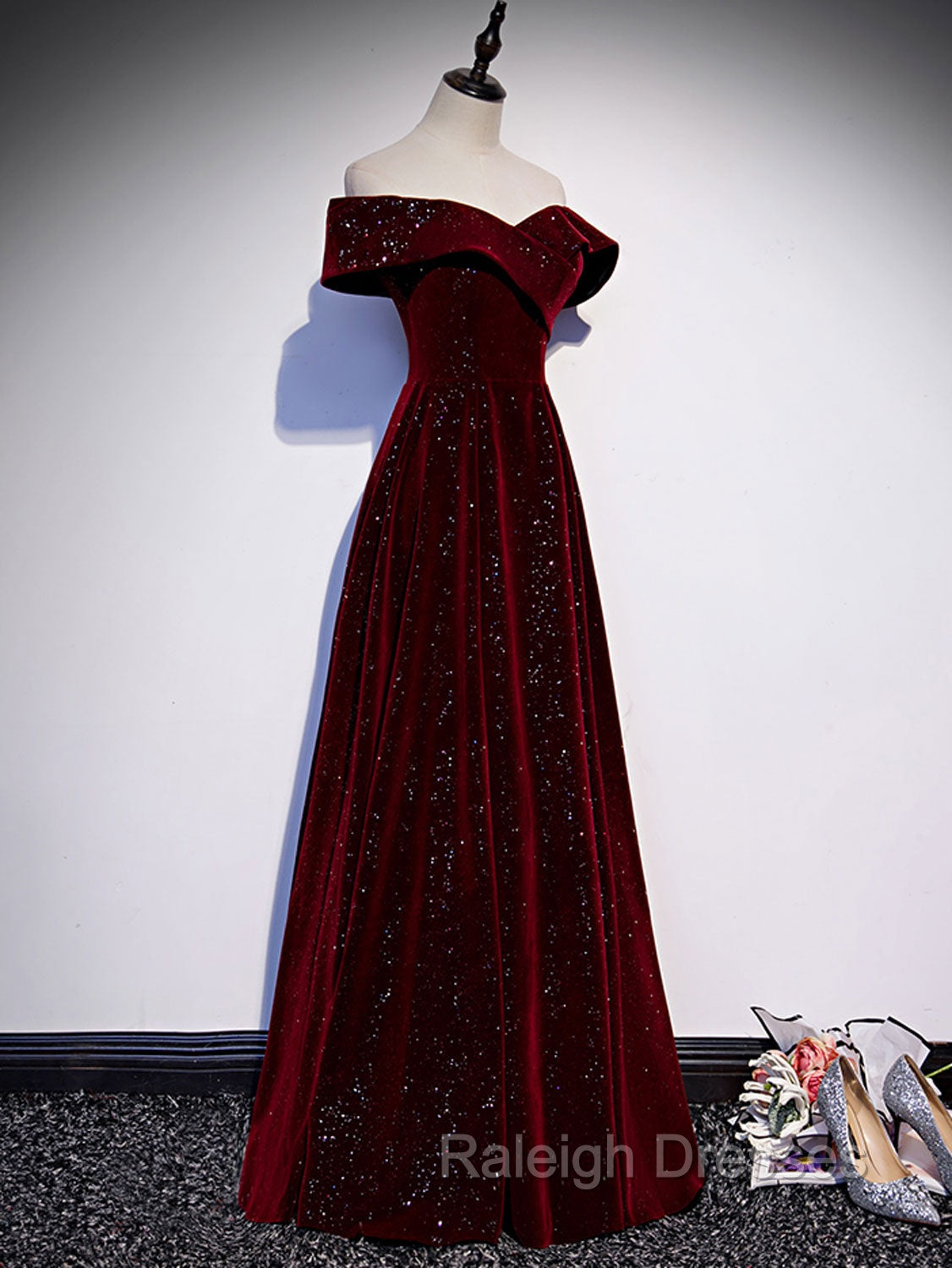 A-Line Off  Shoulder Velvet Burgundy Long Prom Dress, Burgundy Long Formal Dress Secondary image