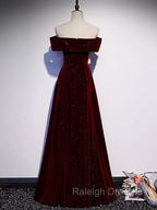A Line Off Shoulder Velvet Burgundy Long Prom Dress, Burgundy Long Formal Dress