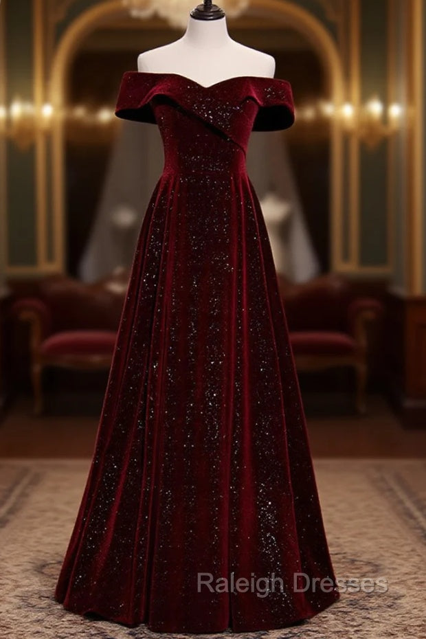 A-Line Off  Shoulder Velvet Burgundy Long Prom Dress, Burgundy Long Formal Dress