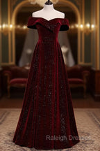 A Line Off Shoulder Velvet Burgundy Long Prom Dress, Burgundy Long Formal Dress