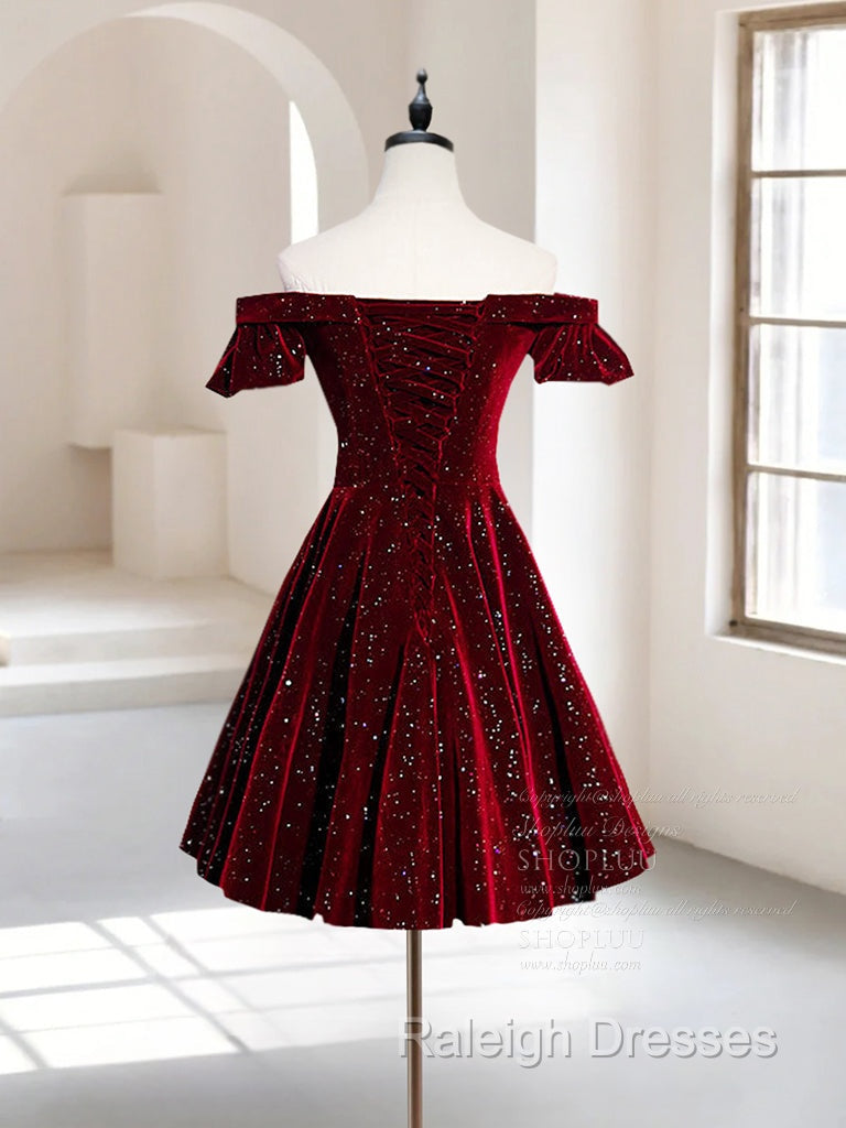 A-Line Off Shoulder Velvet Burgundy Short Prom Dress, Burgundy Homecoming Dress Secondary image