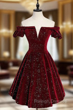 A Line Off Shoulder Velvet Burgundy Short Prom Dress, Burgundy Homecoming Dress