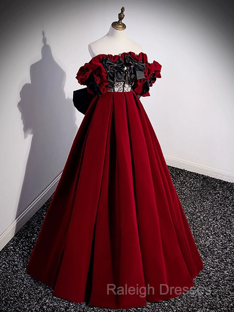 A-Line Off Shoulder Velvet Lace Burgundy Long Prom Dress, Burgundy Long Formal Dress