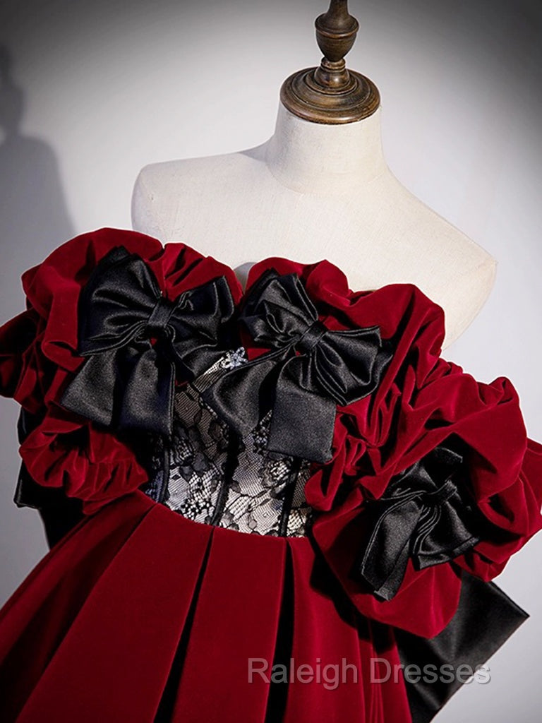 A-Line Off Shoulder Velvet Lace Burgundy Long Prom Dress, Burgundy Long Formal Dress