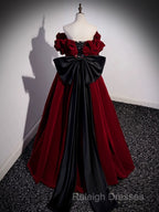 A-Line Off Shoulder Velvet Lace Burgundy Long Prom Dress, Burgundy Long Formal Dress