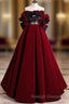 A-Line Off Shoulder Velvet Lace Burgundy Long Prom Dress, Burgundy Long Formal Dress