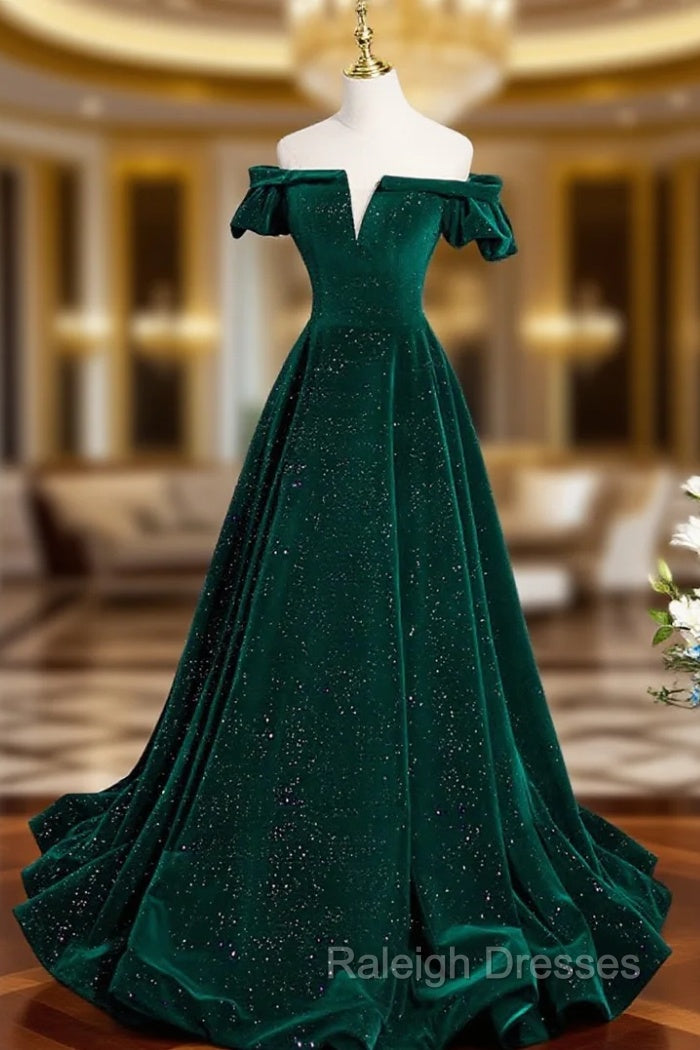 A-Line Off Shoulder Velvet Long Prom Dresses, Green Velvet Graduation Dress