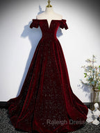 A Line Off Shoulder Velvet Long Prom Dress Green Velvet Graduation Dresses