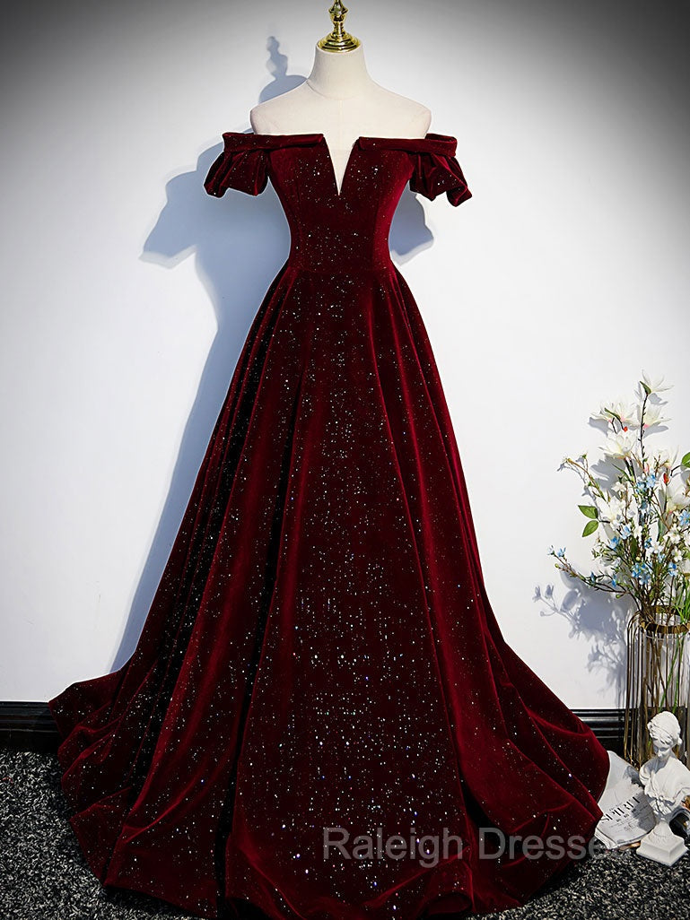 A Line Off Shoulder Velvet Long Prom Dress Green Velvet Graduation Dresses