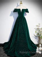 A Line Off Shoulder Velvet Long Prom Dress Green Velvet Graduation Dresses