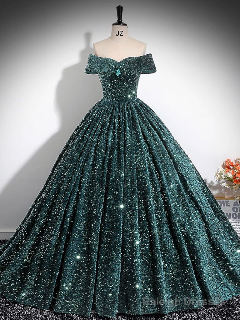 A-Line Off Shoulder Velvet Sequin Green Long Prom Dress, Green Long Formal Dress Main image