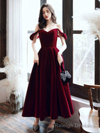 A Line off Shoulder Velvet Tea Length Burgundy Prom Dress, Burgundy Prom Dress