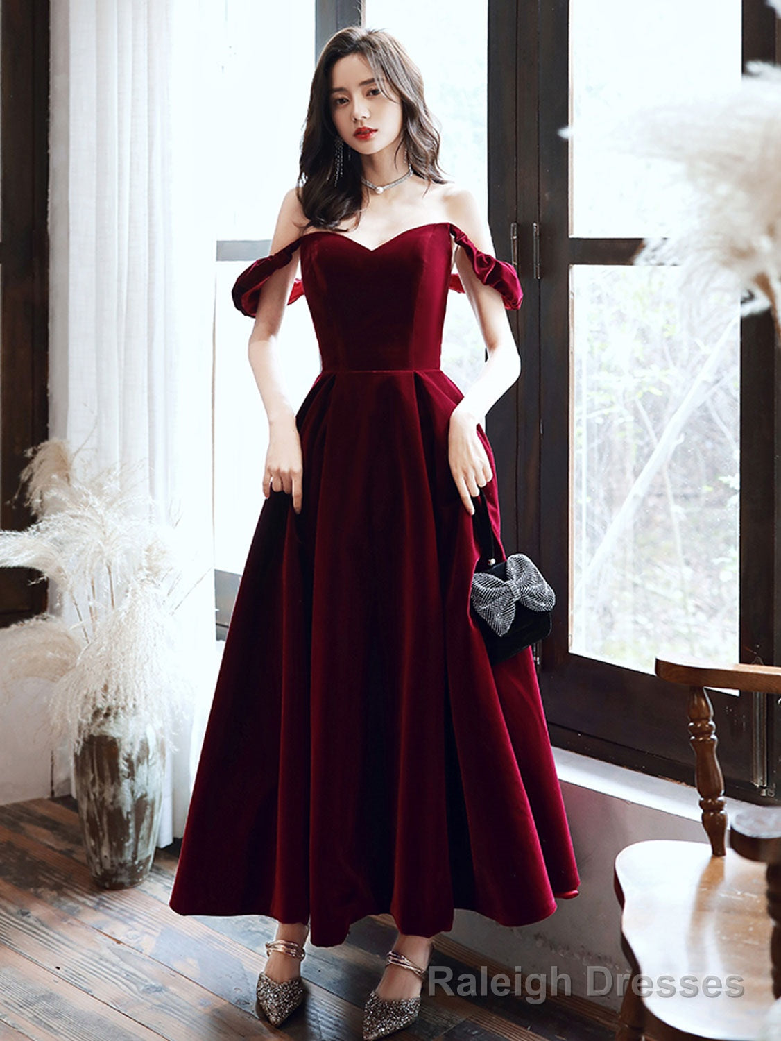 A Line off Shoulder Velvet Tea Length Burgundy Prom Dress, Burgundy Prom Dress
