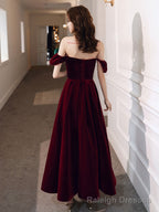 A-Line off Shoulder Velvet Tea Length Burgundy Prom Dress, Burgundy Evening Dress