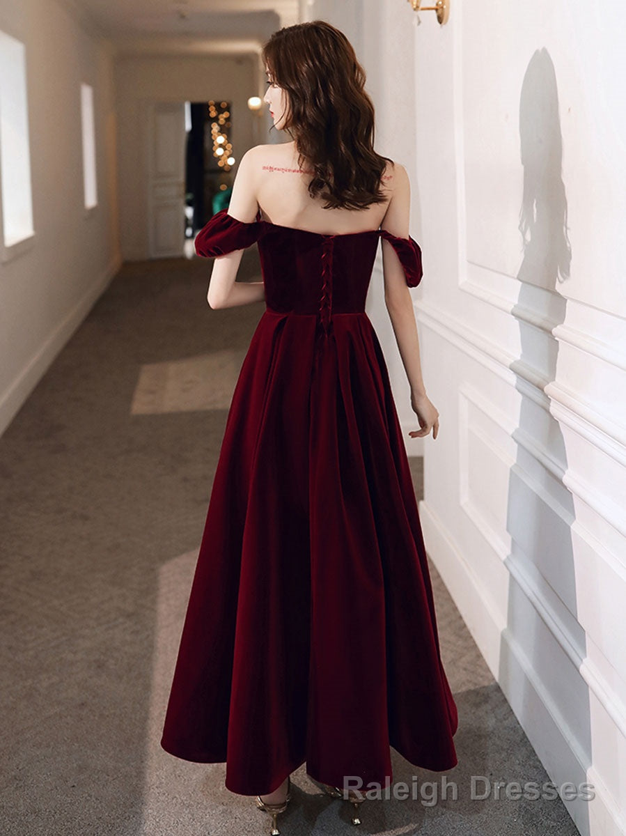 A-Line off Shoulder Velvet Tea Length Burgundy Prom Dress, Burgundy Evening Dress