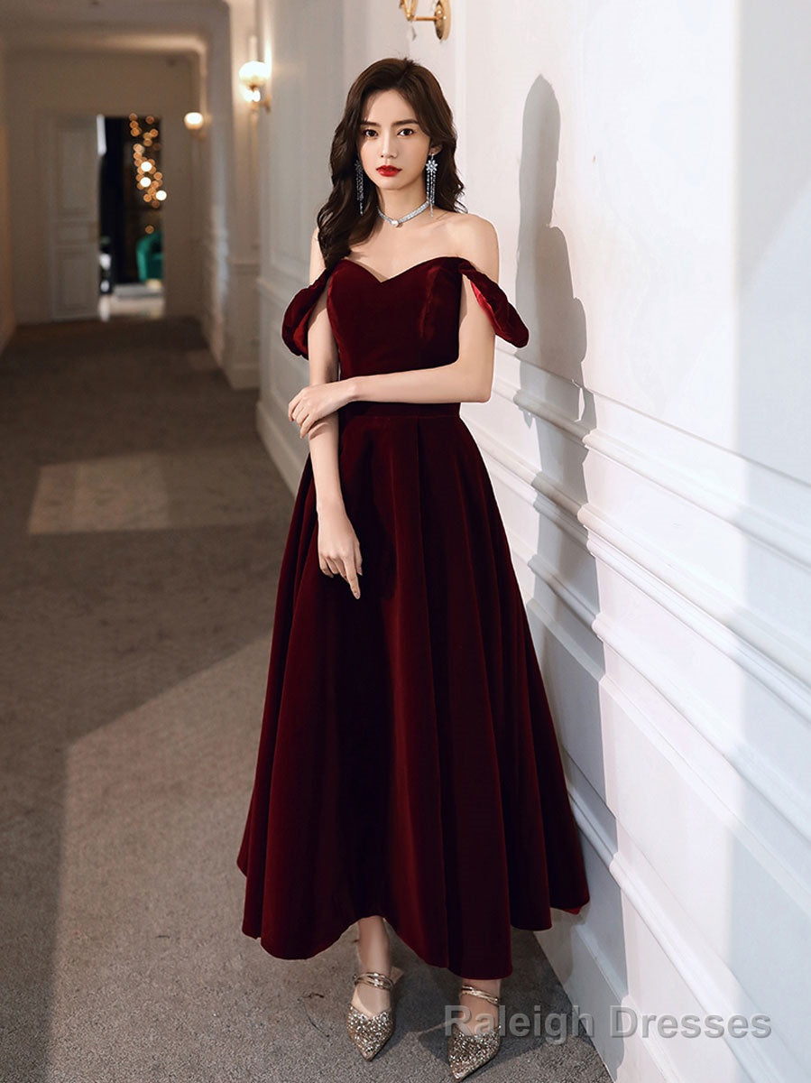 A Line off Shoulder Velvet Tea Length Burgundy Prom Dress, Burgundy Prom Dress