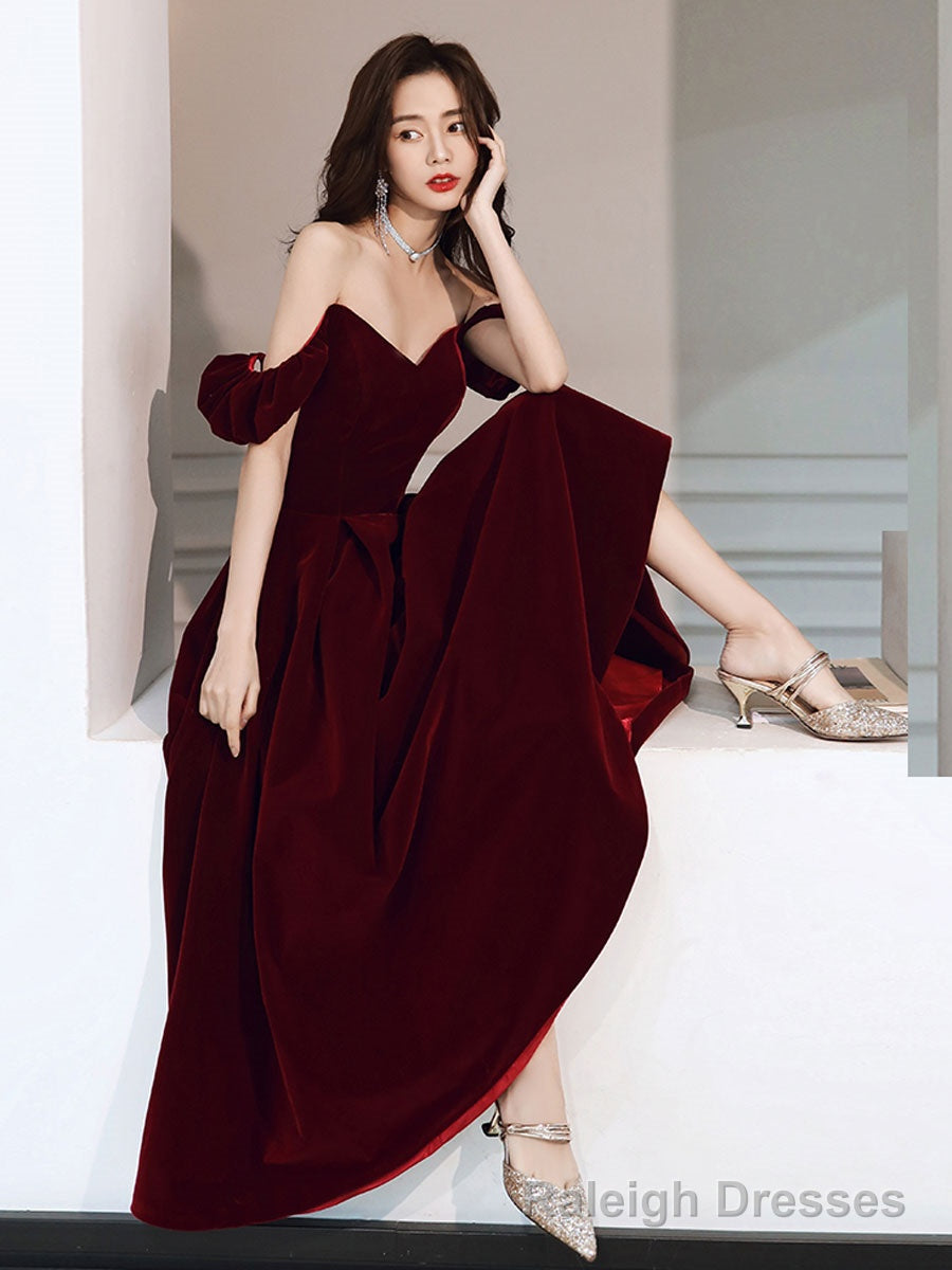 A Line off Shoulder Velvet Tea Length Burgundy Prom Dress, Burgundy Prom Dress