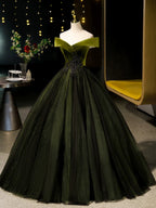 A-Line Off Shoulder Velvet Tulle Green Long Formal Prom Dress, Green Long Formal Dress