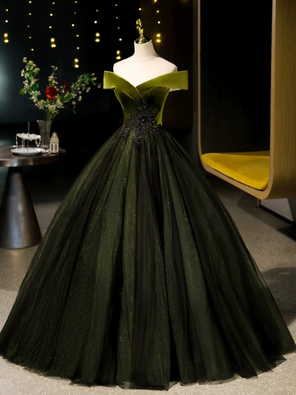 A-Line Off Shoulder Velvet Tulle Green Long Formal Prom Dress, Green Long Formal Dress