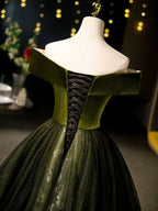 A-Line Off Shoulder Velvet Tulle Green Long Formal Prom Dress, Green Long Formal Dress