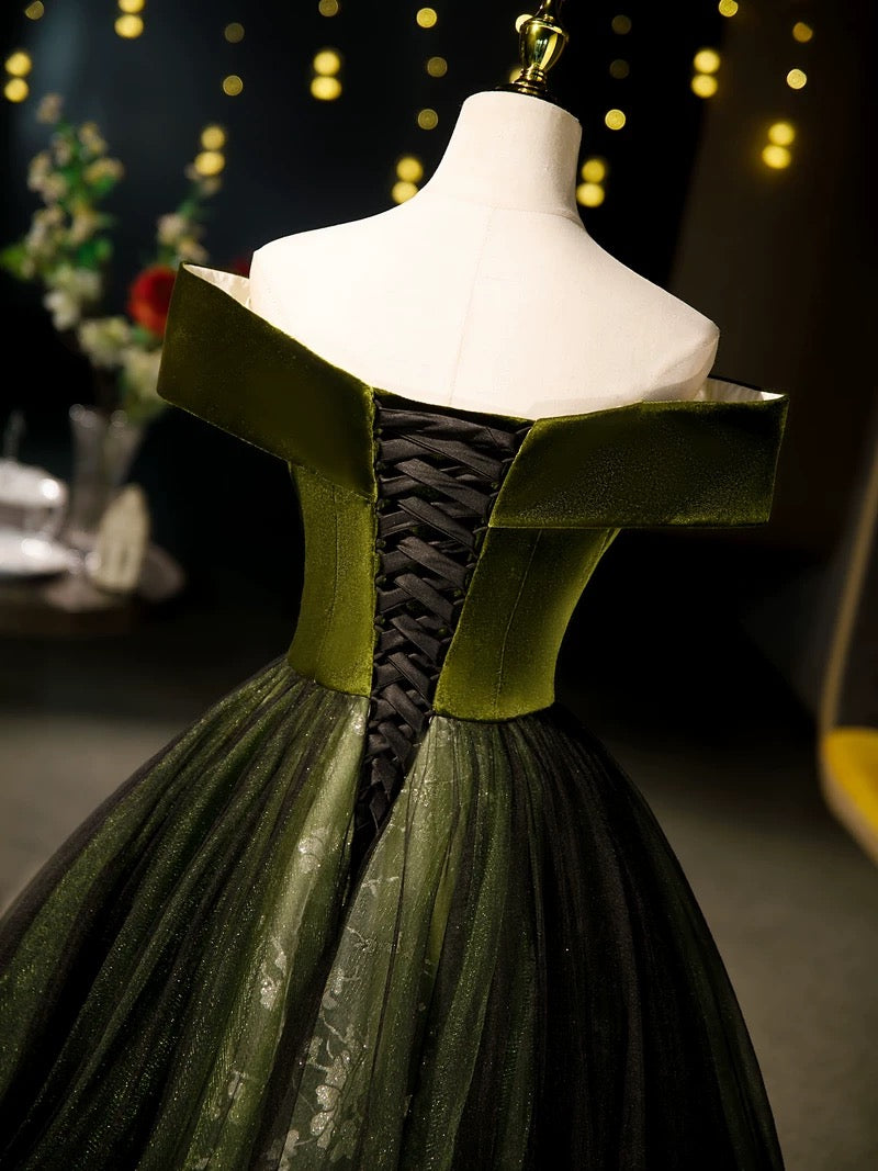 A-Line Off Shoulder Velvet Tulle Green Long Formal Prom Dress, Green Long Formal Dress