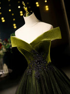 A-Line Off Shoulder Velvet Tulle Green Long Formal Prom Dress, Green Long Formal Dress