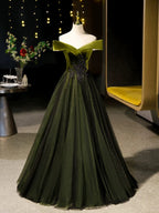 A-Line Off Shoulder Velvet Tulle Green Long Formal Prom Dress, Green Long Formal Dress
