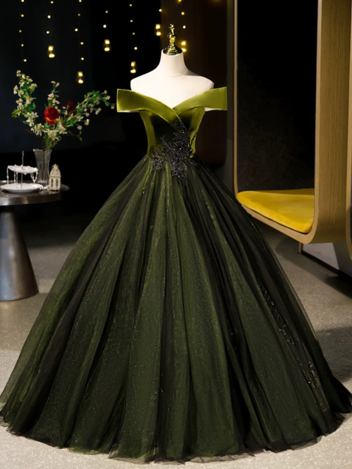 A-Line Off Shoulder Velvet Tulle Green Long Formal Prom Dress, Green Long Formal Dress Main image