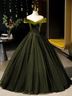 A-Line Off Shoulder Velvet Tulle Green Long Formal Prom Dress, Green Long Formal Dress