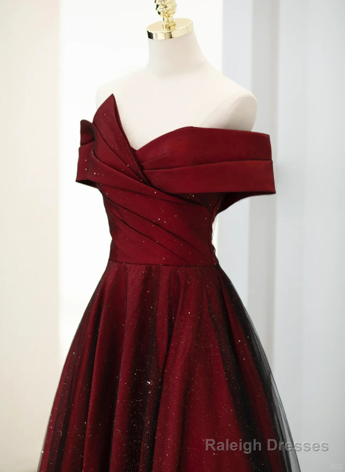 A-Line Off Shoulder Wine Red Tulle Long Party Dress, Wine Red And Black Prom Dress Secondary image