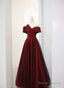 A-Line Off Shoulder Wine Red Tulle Long Party Dress, Wine Red And Black Prom Dress