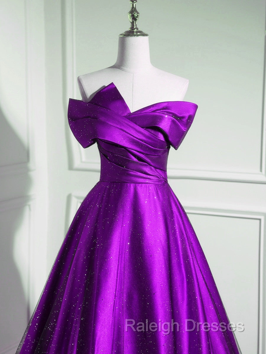 A Line Off Shouolder Black And Purple Satin Prom Dress, Long Prom Dress Secondary image