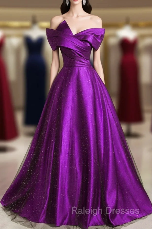 A Line Off Shouolder Black And Purple Satin Prom Dress, Long Prom Dress Main image