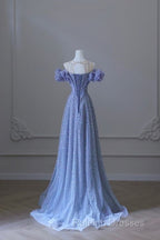 A Line Off The Shoulder Blue Long Prom Dress Evening Dresses