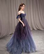 A Line Off The Shoulder Blue Purple Gradient Color Tulle Prom Dresses, Tulle Formal Dresses