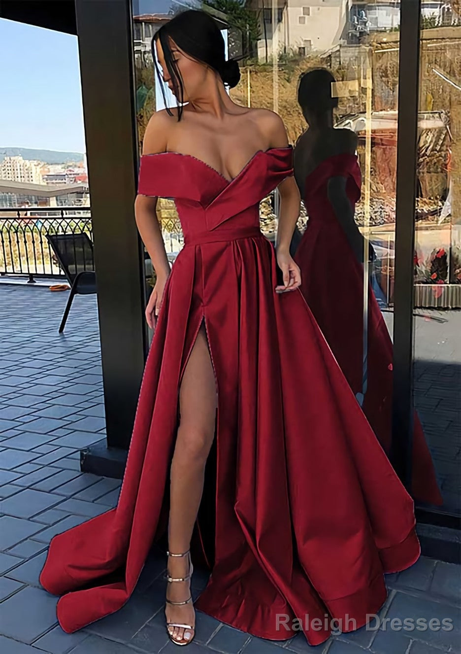 A Line Off-the-Shoulder Cap Straps Sweep Train Satin Prom Dress With Pleated Split