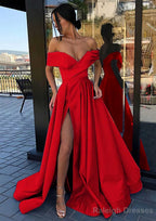 A Line Off-the-Shoulder Cap Straps Sweep Train Satin Prom Dress With Pleated Split
