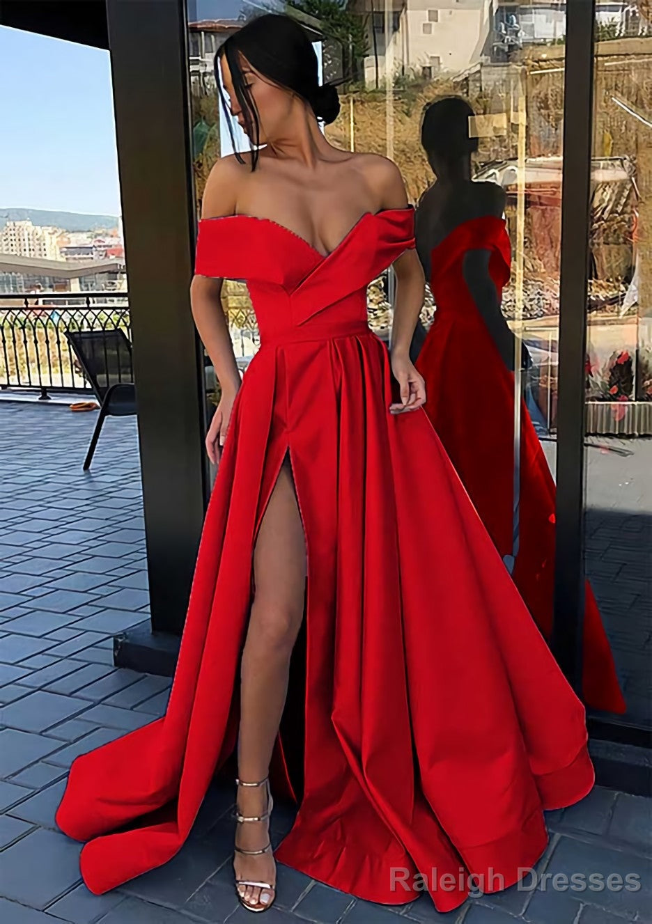 A Line Off-the-Shoulder Cap Straps Sweep Train Satin Prom Dress With Pleated Split