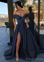 A-line Off-the-Shoulder Cap Straps Sweep Train Satin Prom Dresses With Pleated Split