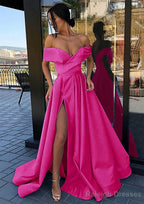 A Line Off-the-Shoulder Cap Straps Sweep Train Satin Prom Dress With Pleated Split