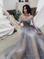 A Line Off The Shoulder Gray Prom Dresses Long Evening Dress
