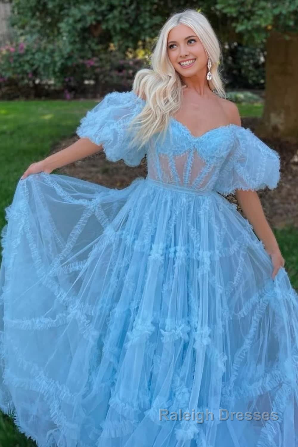 A Line Off the Shoulder Light Blue Tulle Corset Prom Dress with Bowknot Secondary image