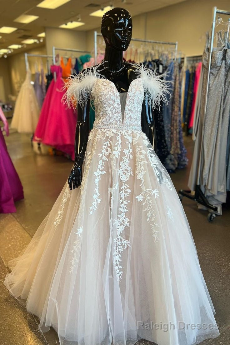 A-Line Off-The-Shoulder Lilac Lace Prom Dress Appliques Feathers
