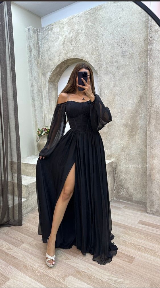 A-Line Off The Shoulder Long Black Slit Prom Dresses 21Th Birthday Outfits