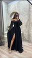A-Line Off The Shoulder Long Black Slit Prom Dresses 21Th Birthday Outfits